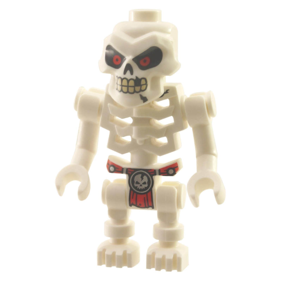LEGO® Skeleton Warrior Minifigure - White skeletal body, red belt with skull emblem, black and red eye details, and bony clawed hands.
