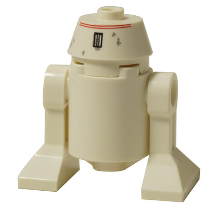 LEGO® Minifigura de droide astromecánico R5-D4 de Star Wars vista trasera con cuerpo blanco y marcas rojas en la parte trasera de la cúpula y chasis.