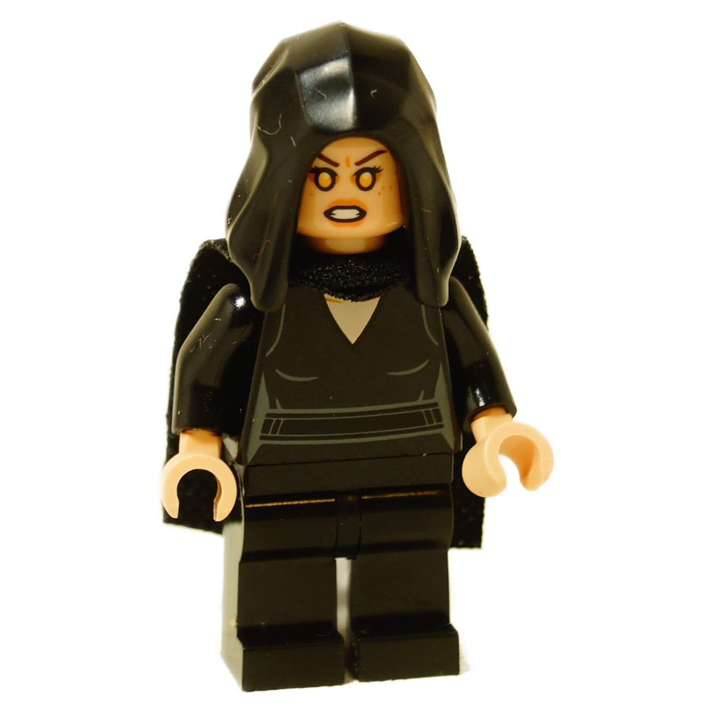 LEGO Darth Rey minifigure in black hooded outfit and cape, fierce expression – front view