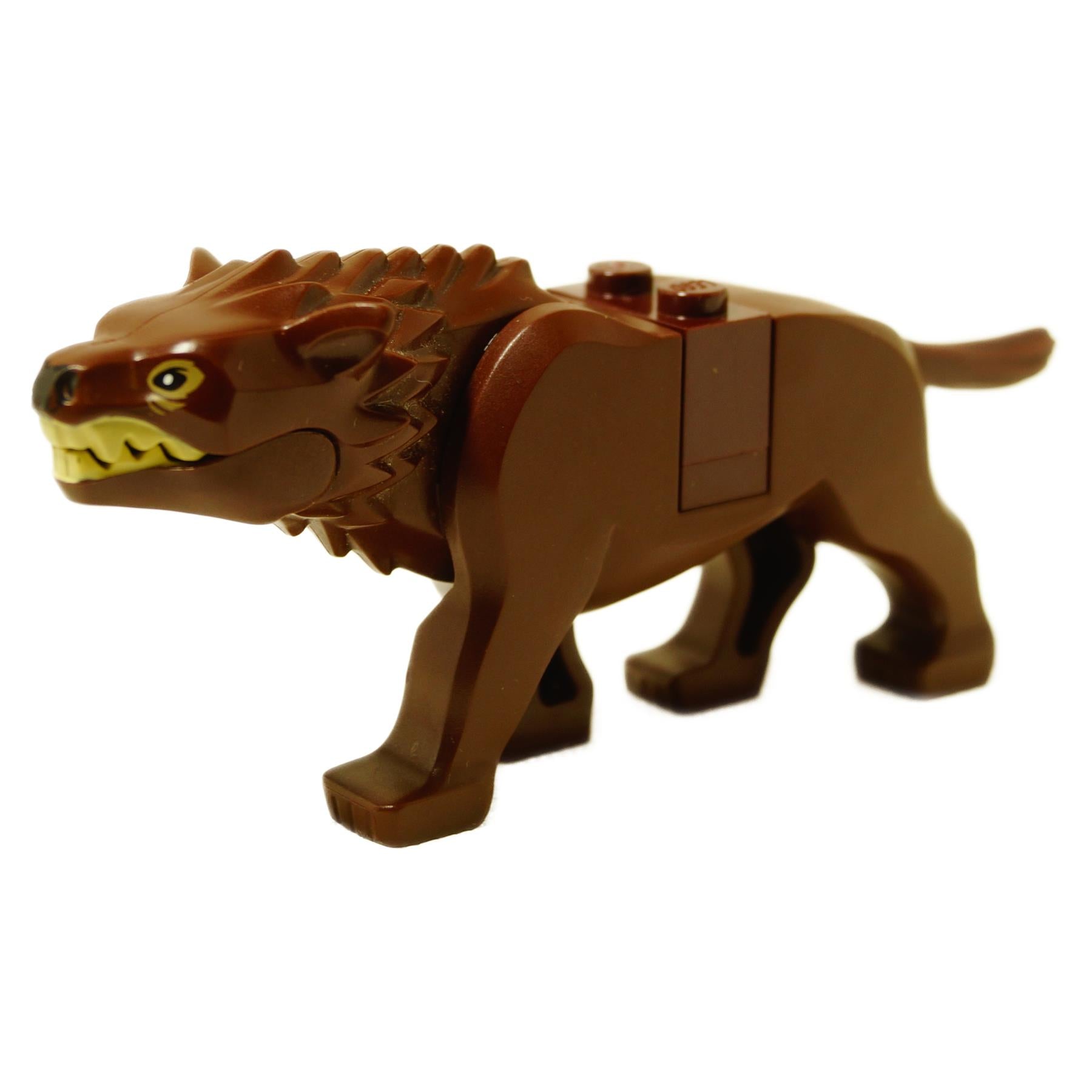Side view of the LEGO Lord of the Rings Warg figure (wargpb03c01) molded in dark brown with yellow teeth.
