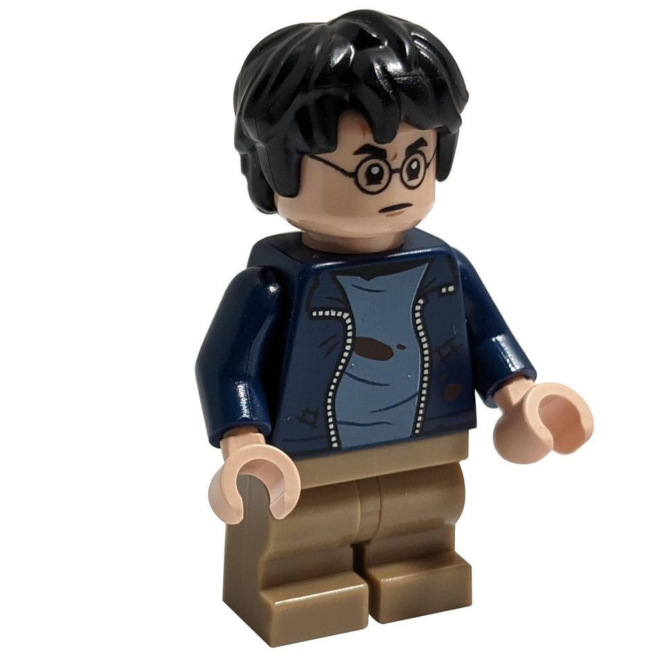 Harry Potter - Chaqueta abierta azul oscuro con lágrimas y manchas de sangre, piernas medianas de color marrón oscuro, sonrisa / boca enfadada 