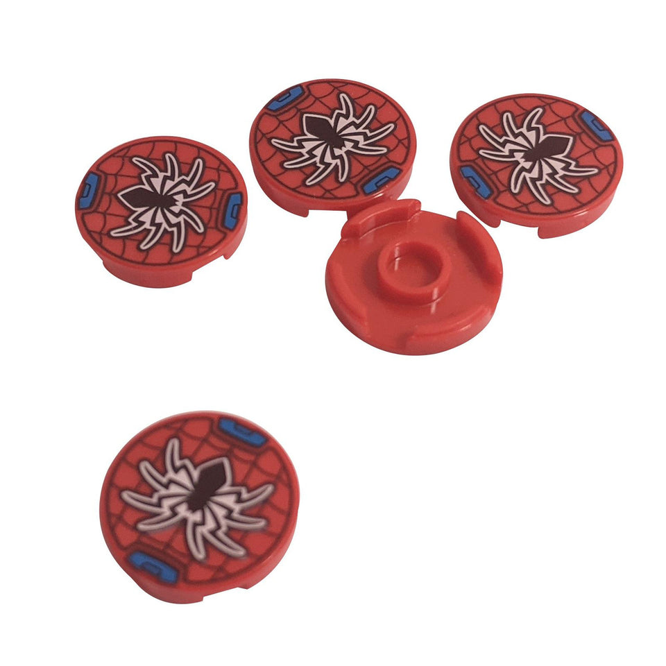 Rosso Piastrella, Rotonda 2 x 2 con Supporto Inferiore per Stud con Nero Motivo di Ragno e Ragnatela