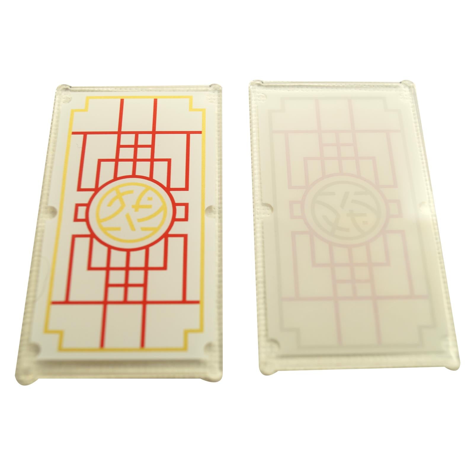 Trans-Clear Window Glass 1 x 4 x 6 57895pb139 with red lines, gold border detailing, and Ninjago Core logo print