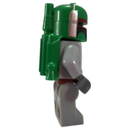 LEGO® Star Wars Boba Fett minifigure (sw0002b) side view showing green jetpack and detailed helmet design.
