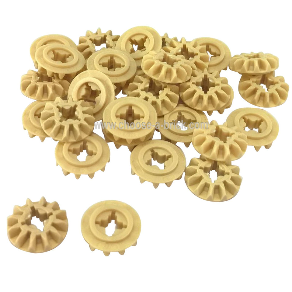 Tan LEGO® Technic 12 Tooth Bevel Gears (6589) shown on a white background.  
