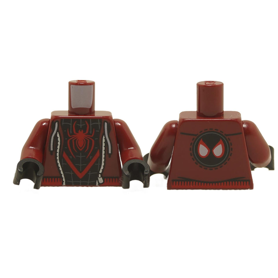 A LEGO minifigure torso with a dark red spider pattern and black hand detailing, featuring a spider emblem on the front and Spider-Man's iconic eyes on the back.
