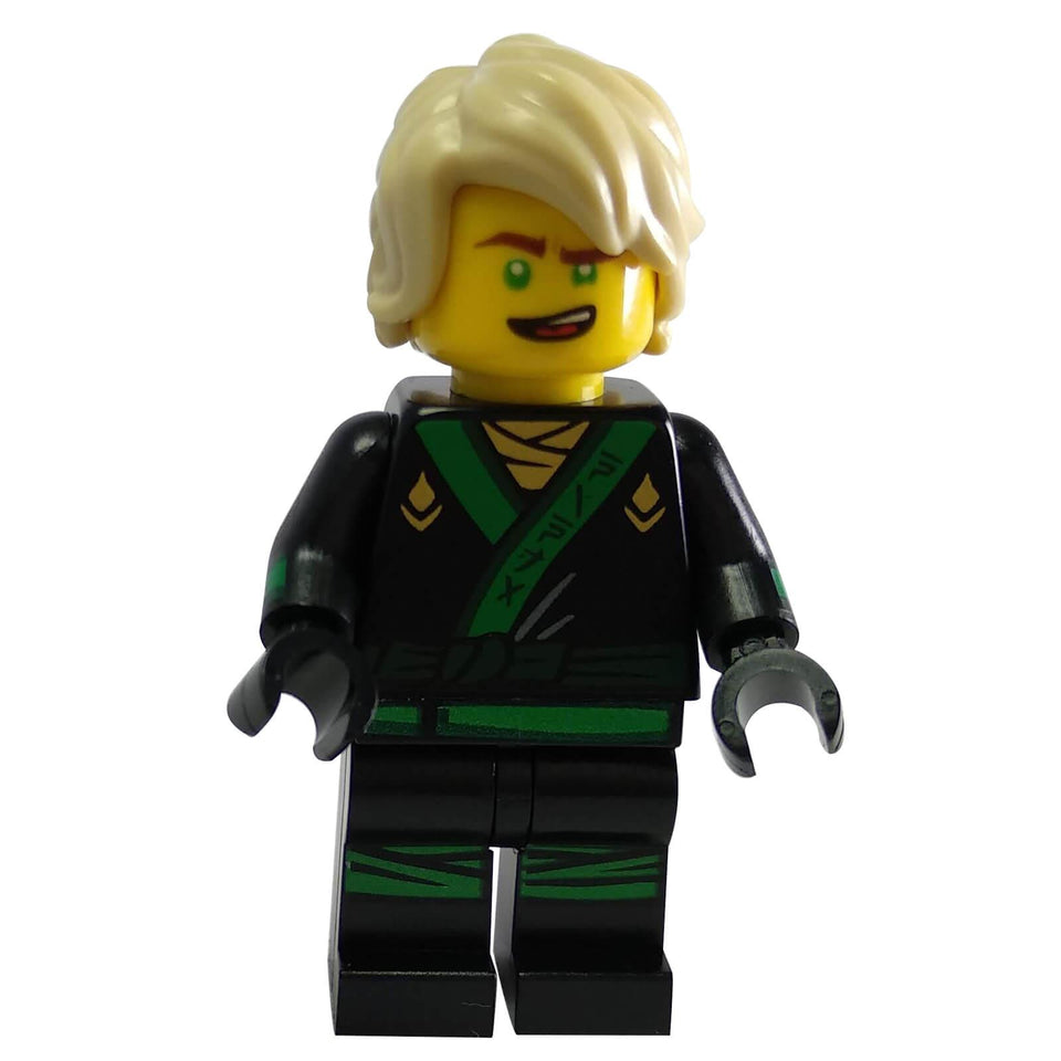 LEGO® NINJAGO Lloyd minifigure njo311 from The LEGO NINJAGO Movie, featuring blonde hair, black and green ninja robes with gold details, and a confident expression.