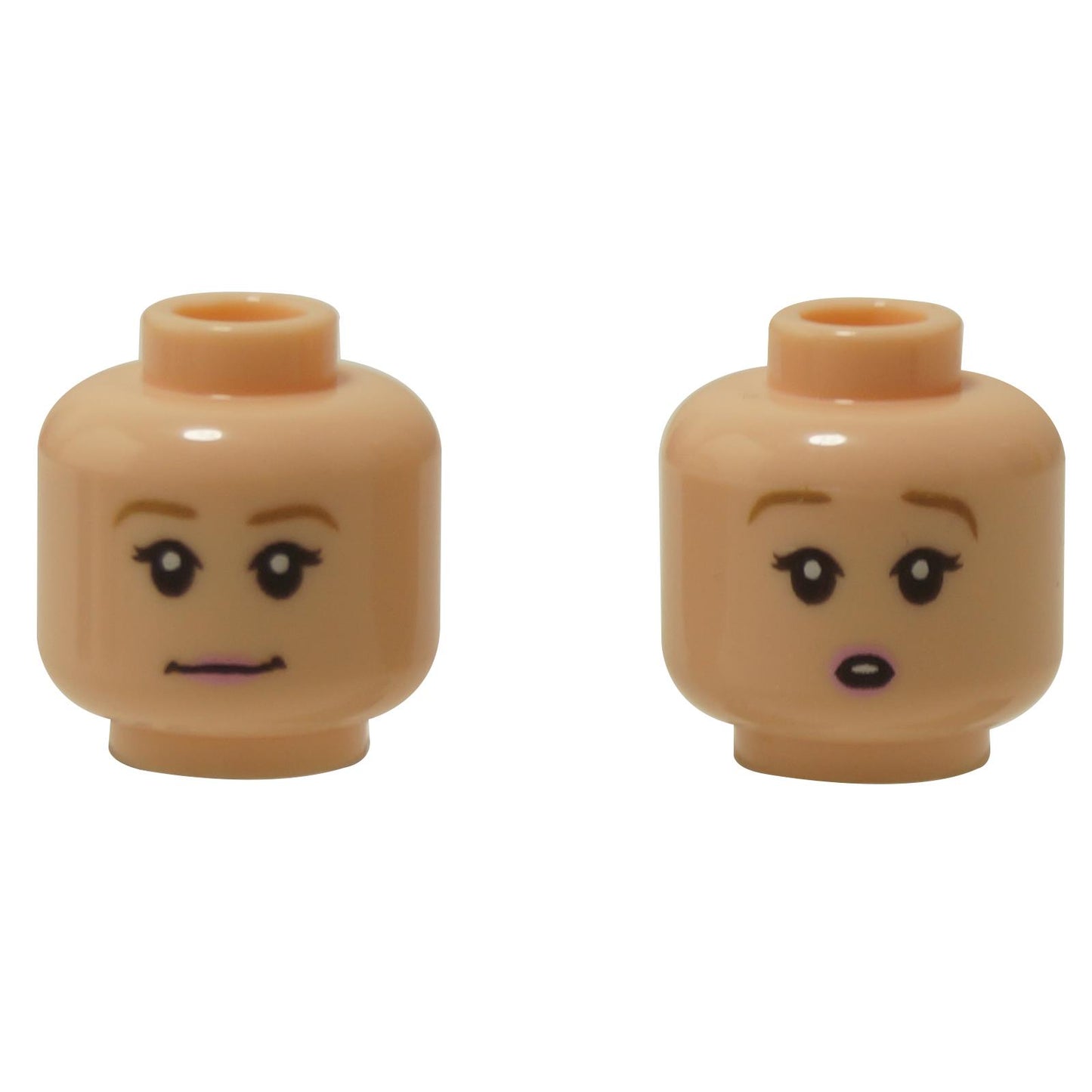 Front and alternate side views of the LEGO® minifigure head (3626pb2629) in light nougat, featuring a dual-sided female face with black eyelashes and two expressions: calm with a closed mouth and surprised with an open mouth.
