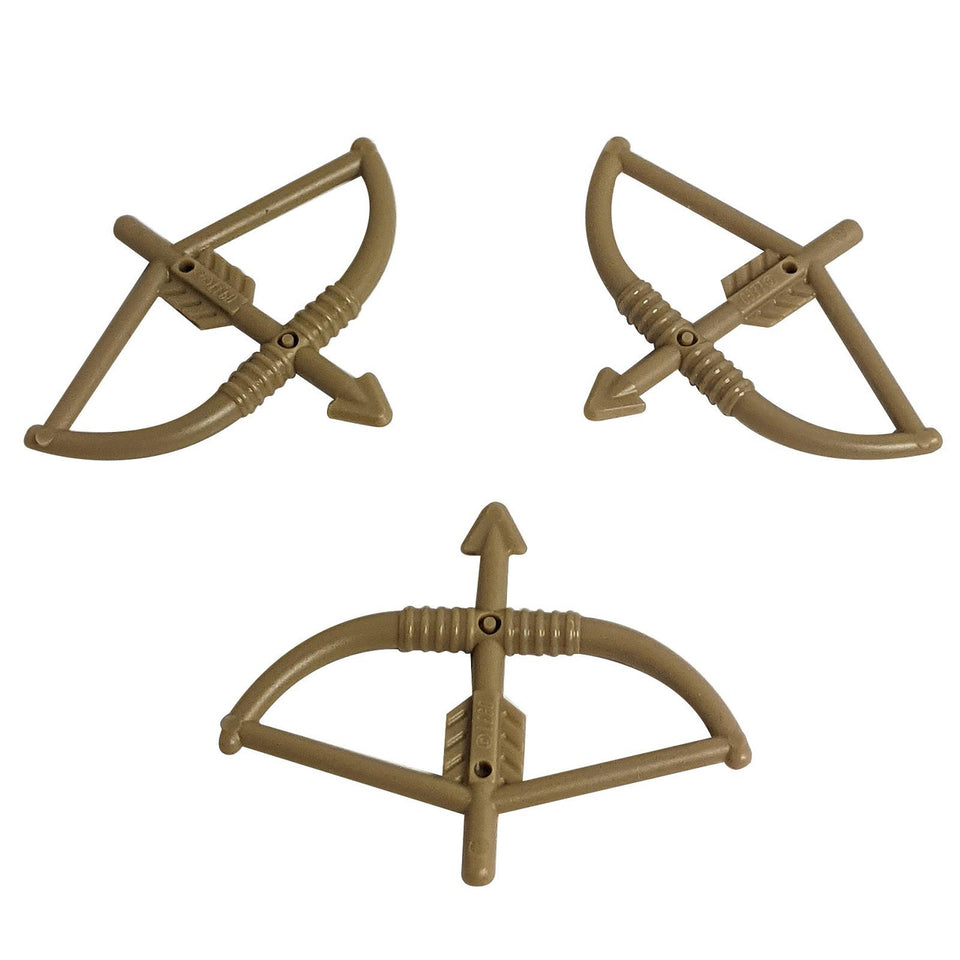 Three dark tan LEGO minifigure longbows with arrows drawn, 4499.