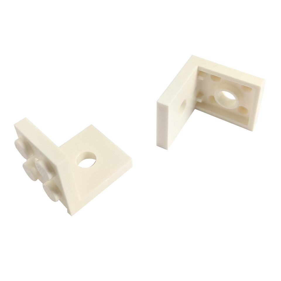 White LEGO Bracket 3956, 2 x 2 with 2 holes, front and back views