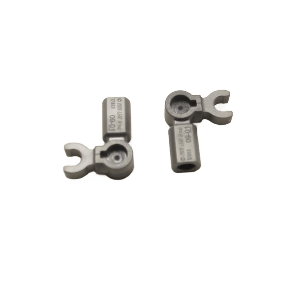 Kaksi harmaata LEGO Bar Holder with Clip Angled (72869) -osaa, eri kulmat.