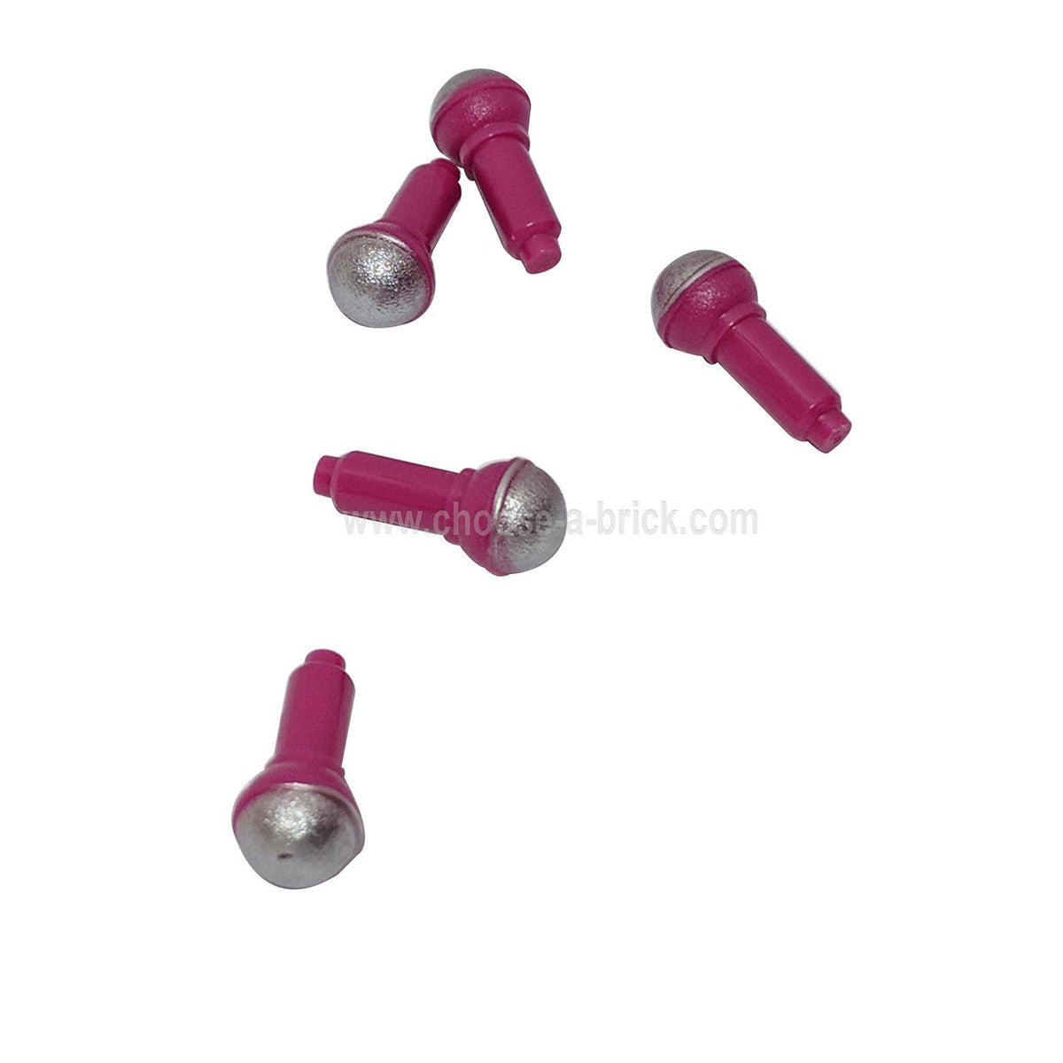 Five magenta LEGO microphones 90370pb05 with metallic silver tops.