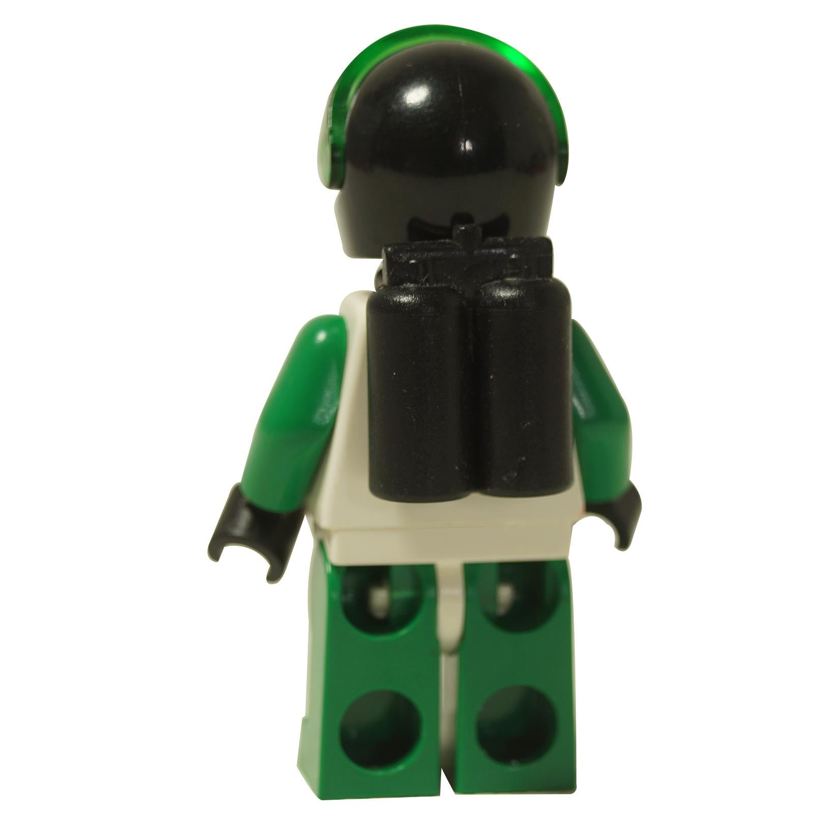 LEGO® Space Police II Officer minifigure (sp037) back view with black twin air tanks and green legs.