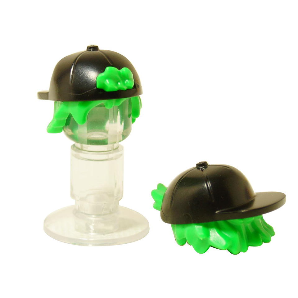 LEGO® Minifigure Hair with Black Cap & Neon Green Hair (65730pb03) — stylish dual-molded piece combining a cap and spiky neon green hair for an edgy urban look.  
