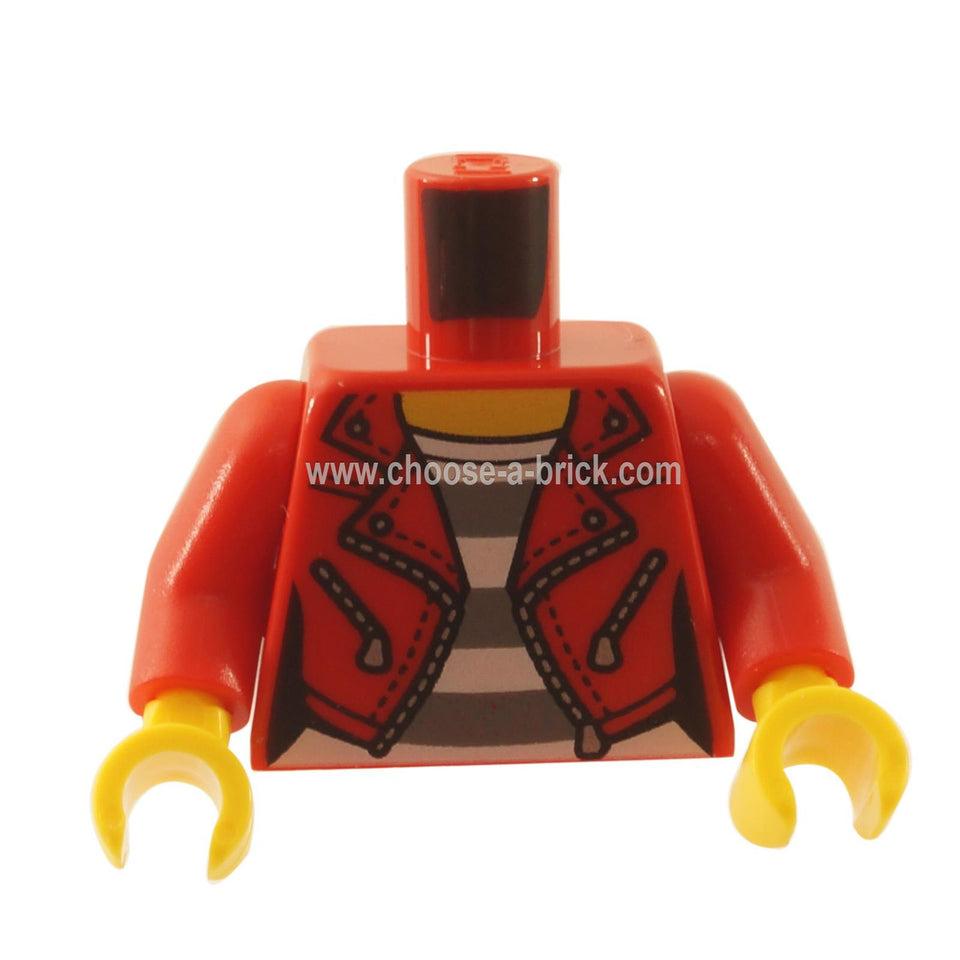 LEGO Minifigura - Torso Feminino com Casaco e Zíperes Prateados, Amarelo Pescoço, Branco e Cinza Azulado Escuro Padrão de Camisa com Listras Horizontais - Vermelho Braços - Amarelo Mãos