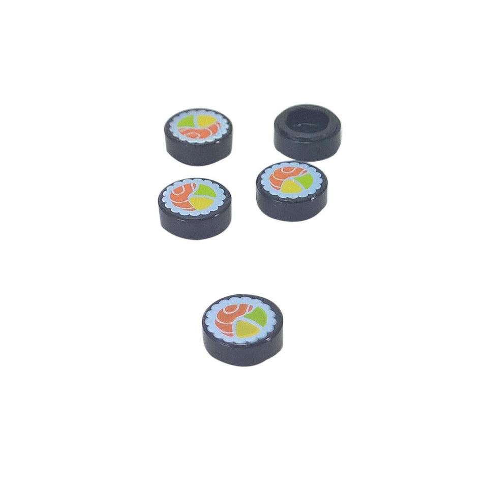 LEGO Black Round 1x1 Tile with Sushi Pattern, multiple views