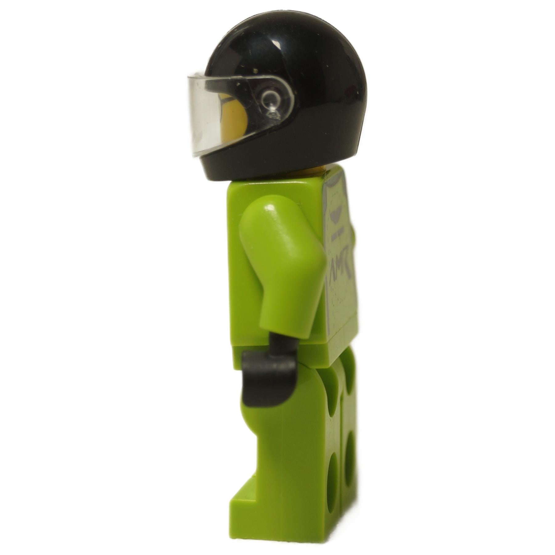 LEGO® Aston Martin Vantage GT3 driver minifigure wearing a racing suit, part sc099 - side view