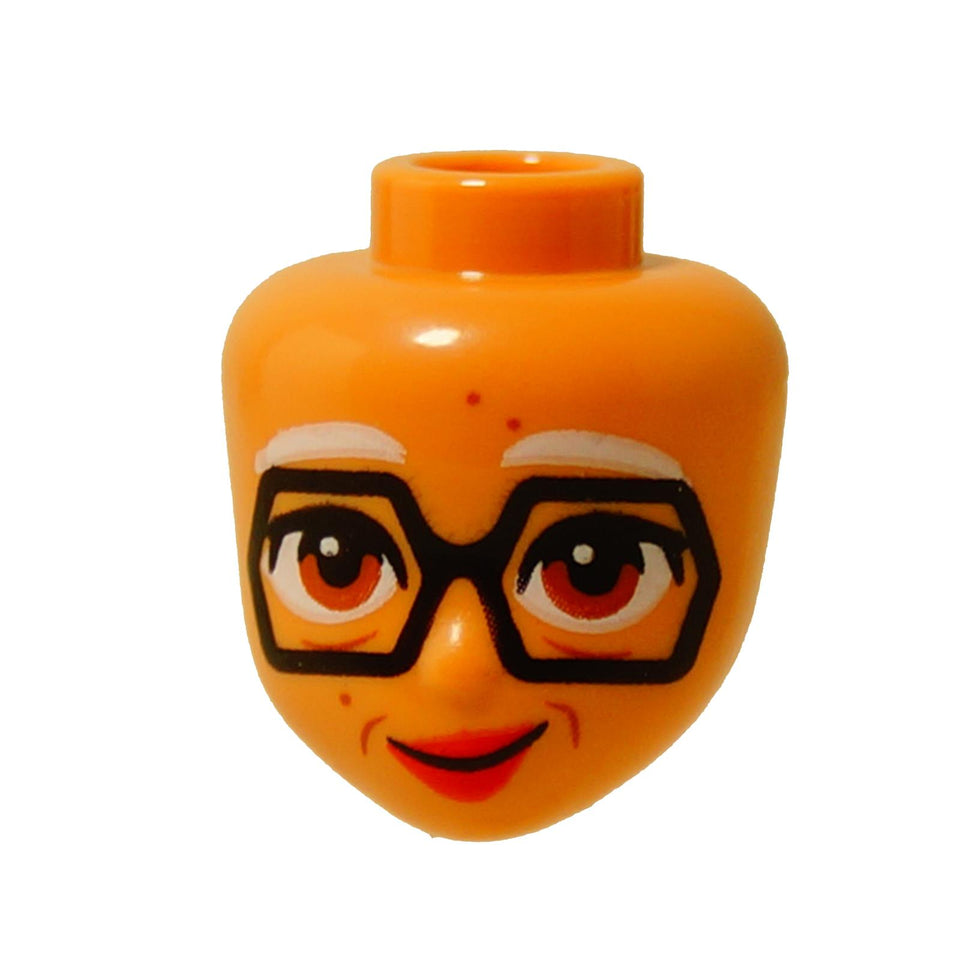 Nougat LEGO® mini-doll head (107625) featuring white eyebrows, hexagonal glasses, and a friendly smile.  