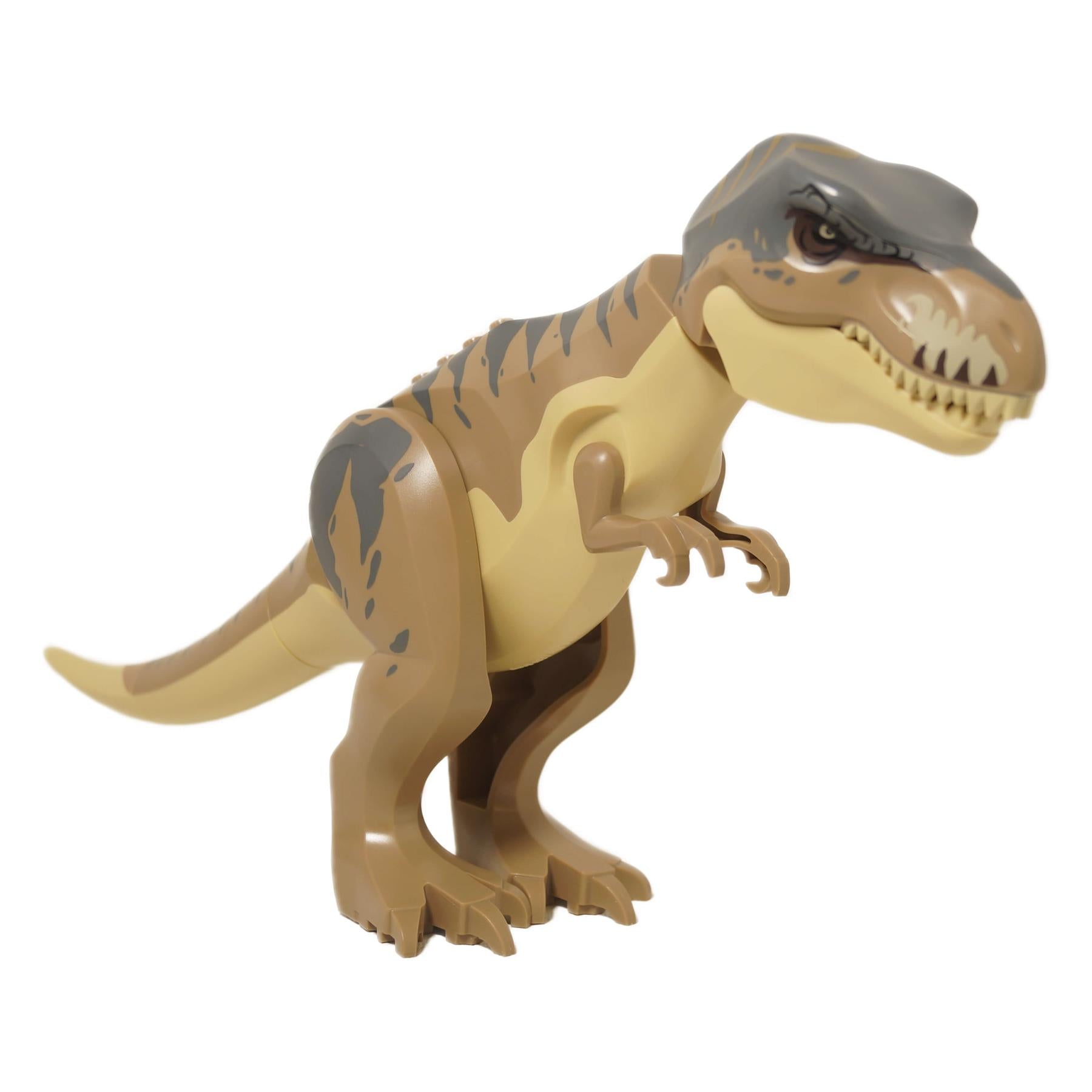 LEGO T. Rex dinosaur figure (Trex12) in tan and dark grey camouflage print, roaring pose.