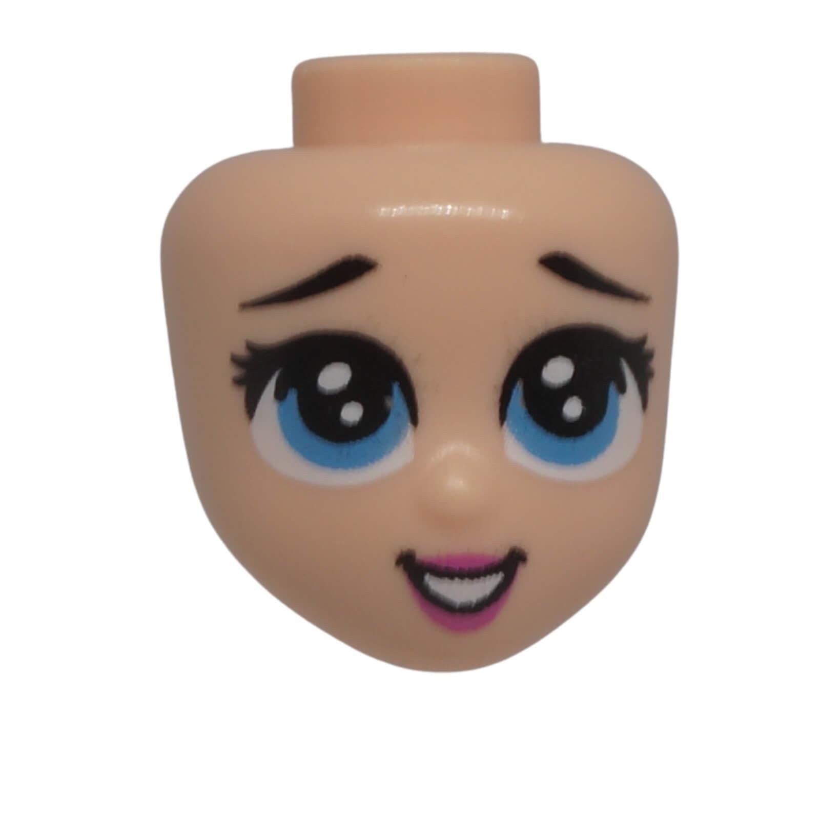 LEGO® Friends mini-doll head 66572 with raised black eyebrows, large medium blue eyes, eyelashes, dark pink lips and an open smiling face.