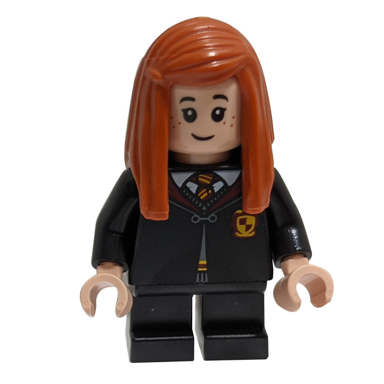 黒いグリフィンドールのローブを着たジニー・ウィーズリーのLEGOミニフィギュアで、留め具があり、黒い短い足と長い赤い髪を持っています。