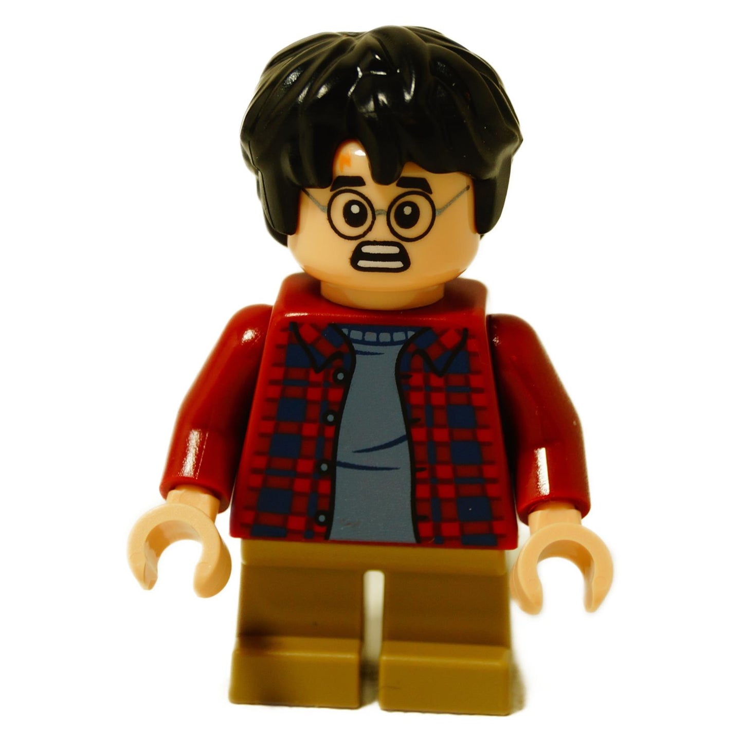 Front view of LEGO Harry Potter minifigure (hp481) with black hair, glasses, and shocked expression.
