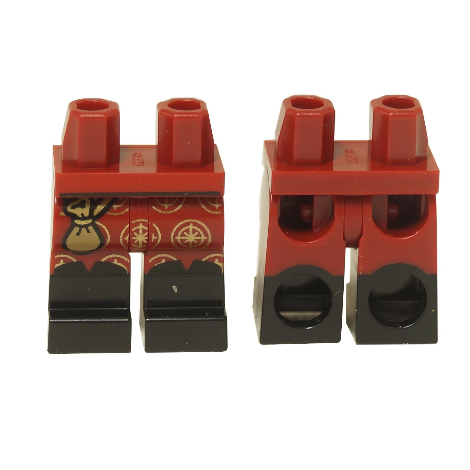 LEGO® red and black minifigure legs with gold pouch and compass pattern on the front.