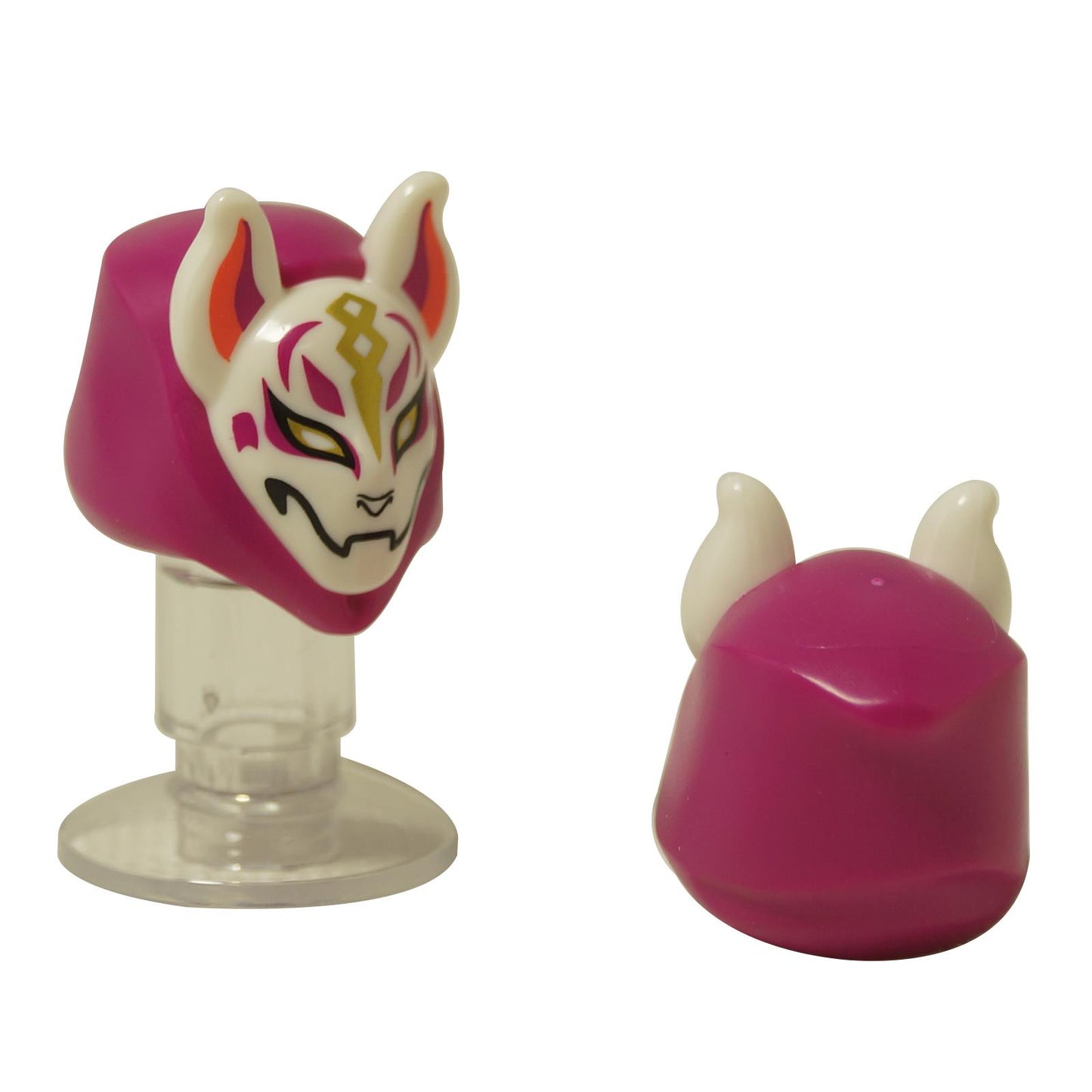 LEGO® Kitsune fox mask hood in magenta and white, stylized fox headgear accessory for minifigures