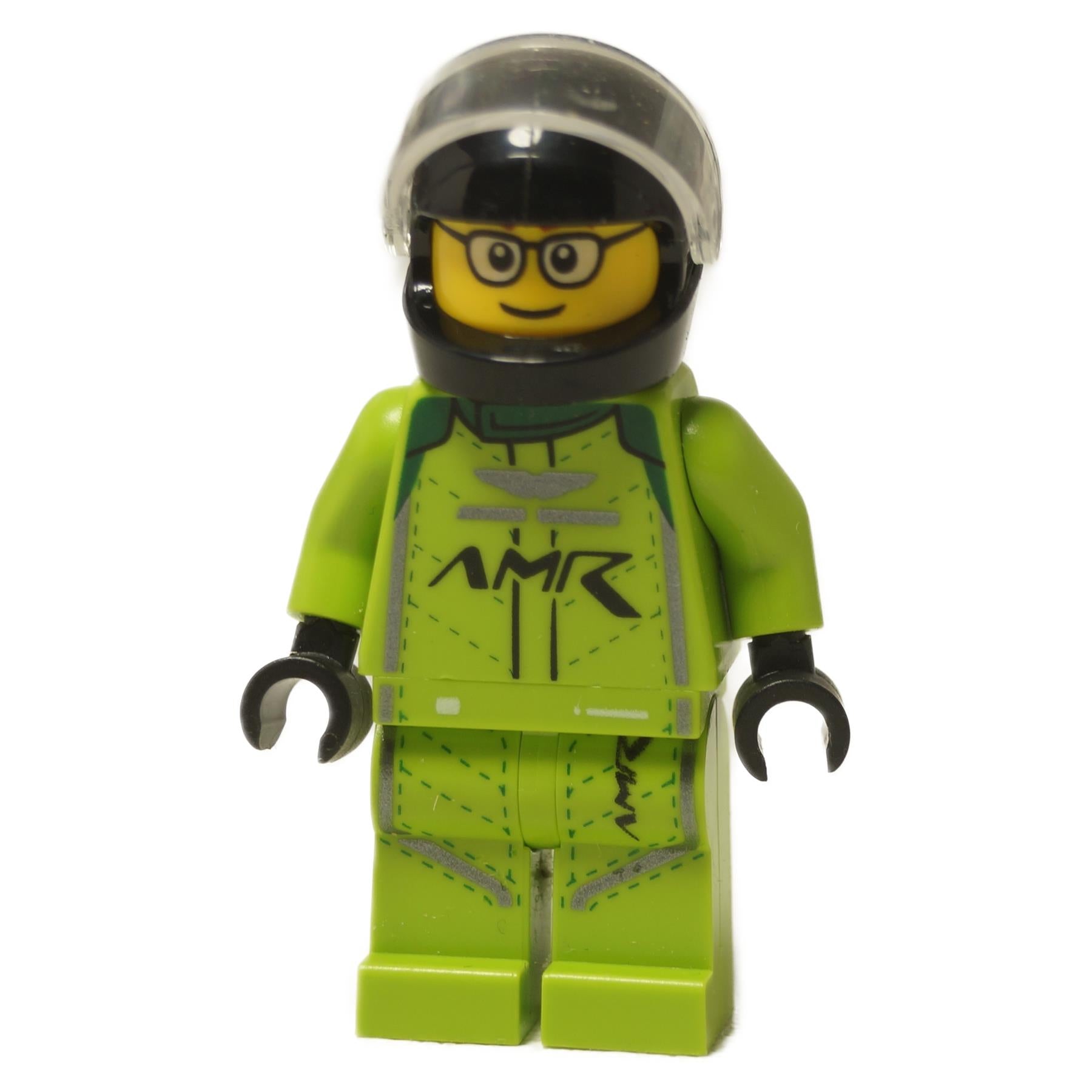LEGO® Aston Martin Vantage GT3 driver minifigure wearing a racing suit, part sc099.