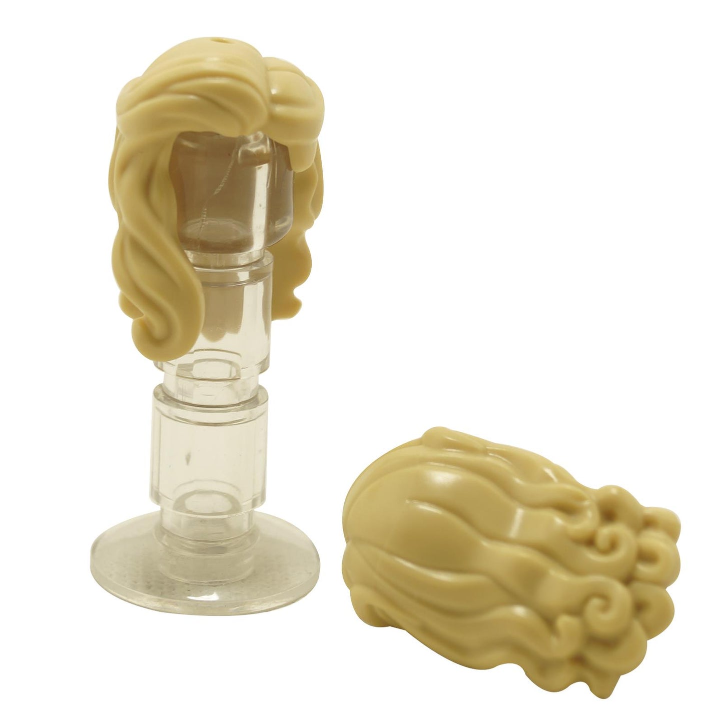LEGO® mini-doll hair long parted on left with side lock (part 6986) in tan featuring flowing hairstyle with side strand detail
