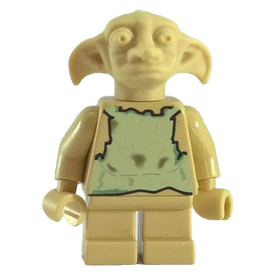 Close-up of LEGO® Minifigure hp017 – Dobby the House-Elf with large ears and detailed rag tunic printing from the Harry Potter theme.