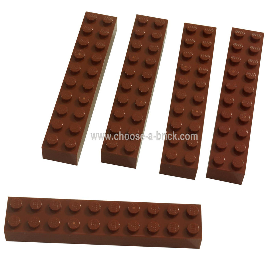 Five reddish brown LEGO 2x10 bricks, various angles