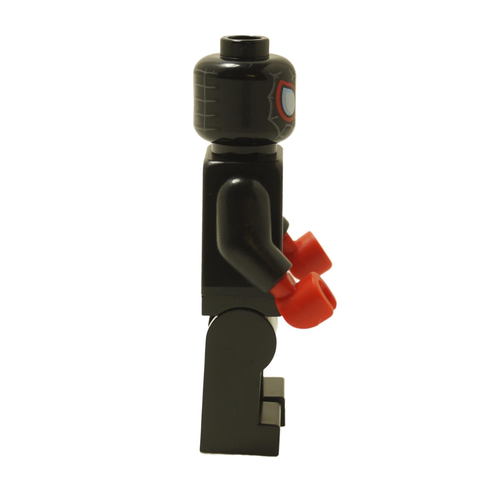 Side view of LEGO® Spider-Man Miles Morales minifigure sh0855 with black suit and red spider emblem on the back