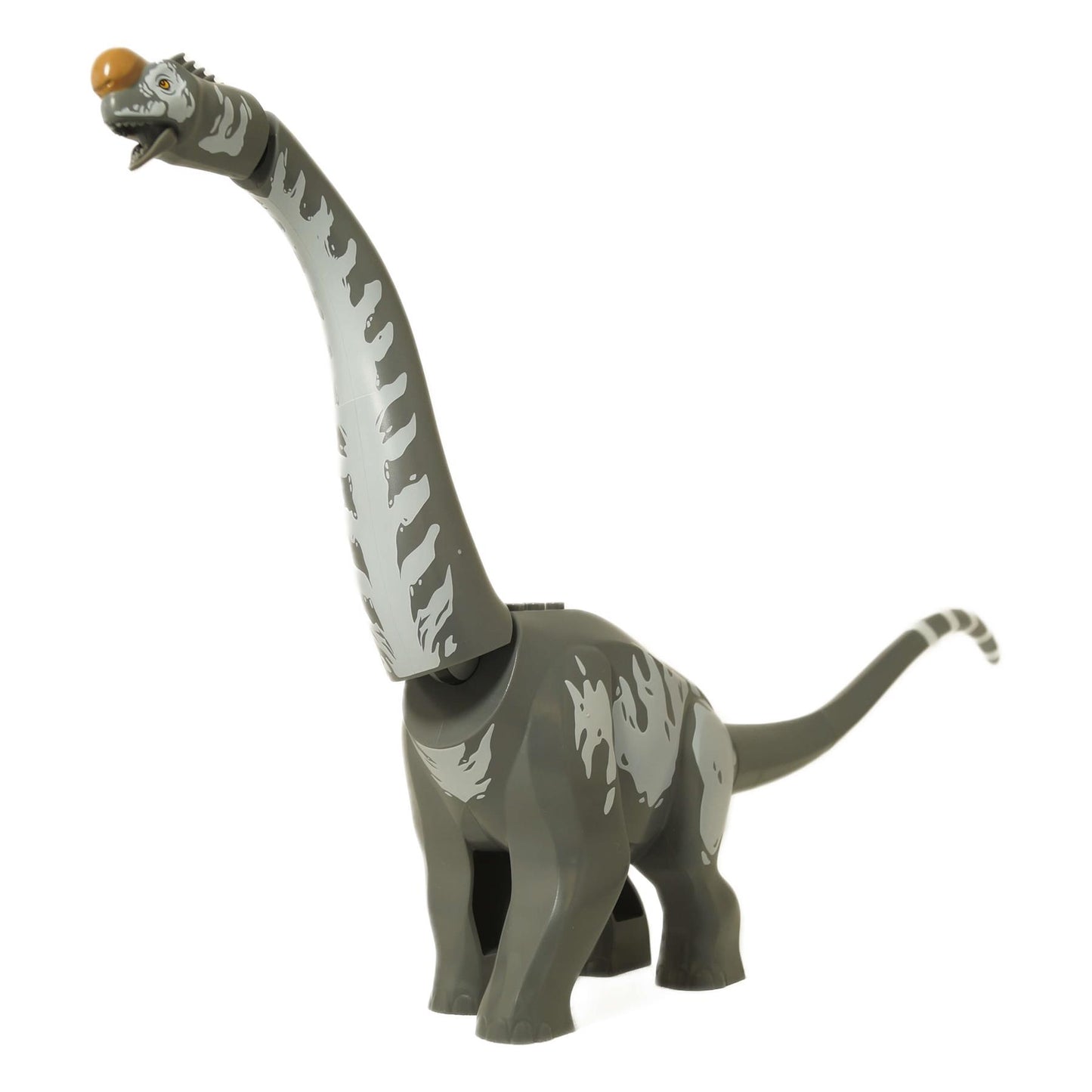 Front 3/4 view of LEGO Jurassic World Titanosaurus dinosaur figure in dark grey with light grey stripes.