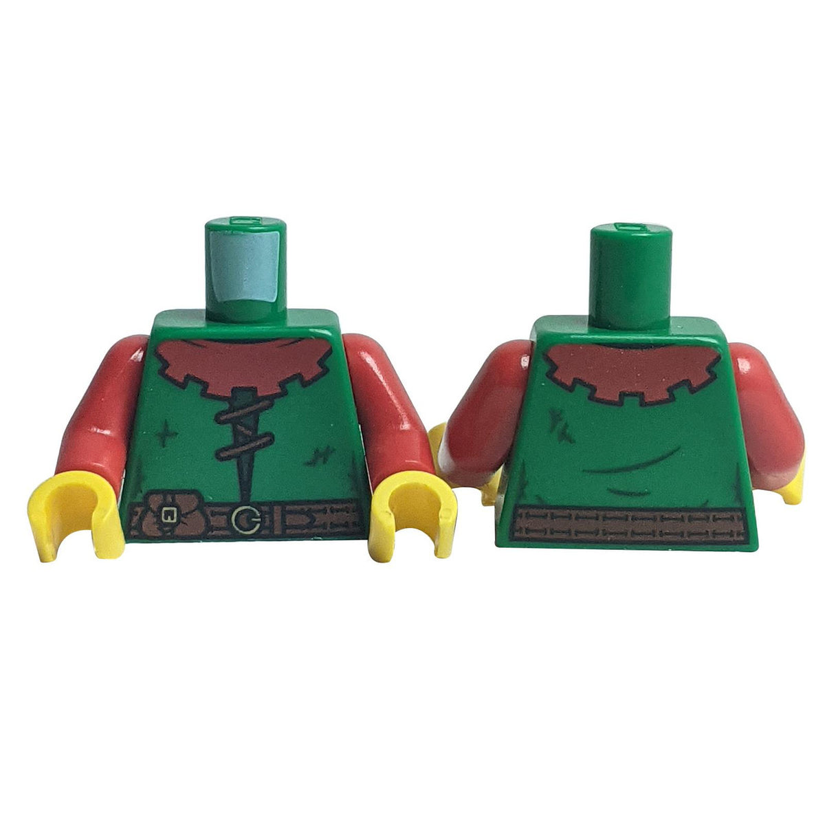 Front and back of LEGO green tunic torso 973pb4754c01 with brown belt.