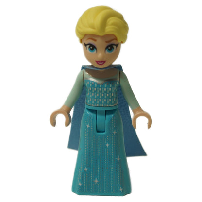 Front view of LEGO Disney Elsa mini-doll (dp197) in her ice dress with silver sparkle printing and short blonde hair.