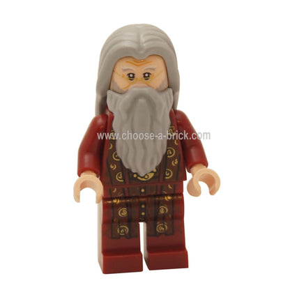 Albus Dumbledore minifigure, dark red robes, grey beard, front view