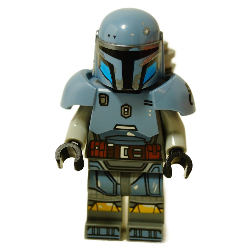 Front view of LEGO Star Wars Paz Vizsla minifigure (sw1341) in dusty blue Mandalorian armor with bright blue visor.