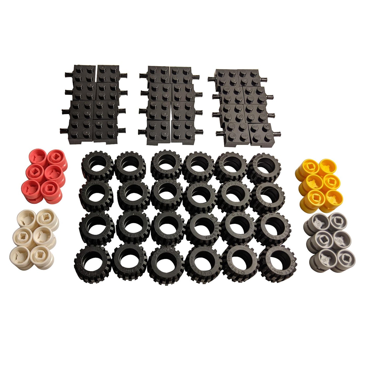 LEGO® wheels, tires, and axle plates – 72-piece assortment for building 24 complete LEGO® vehicle sets in various colors