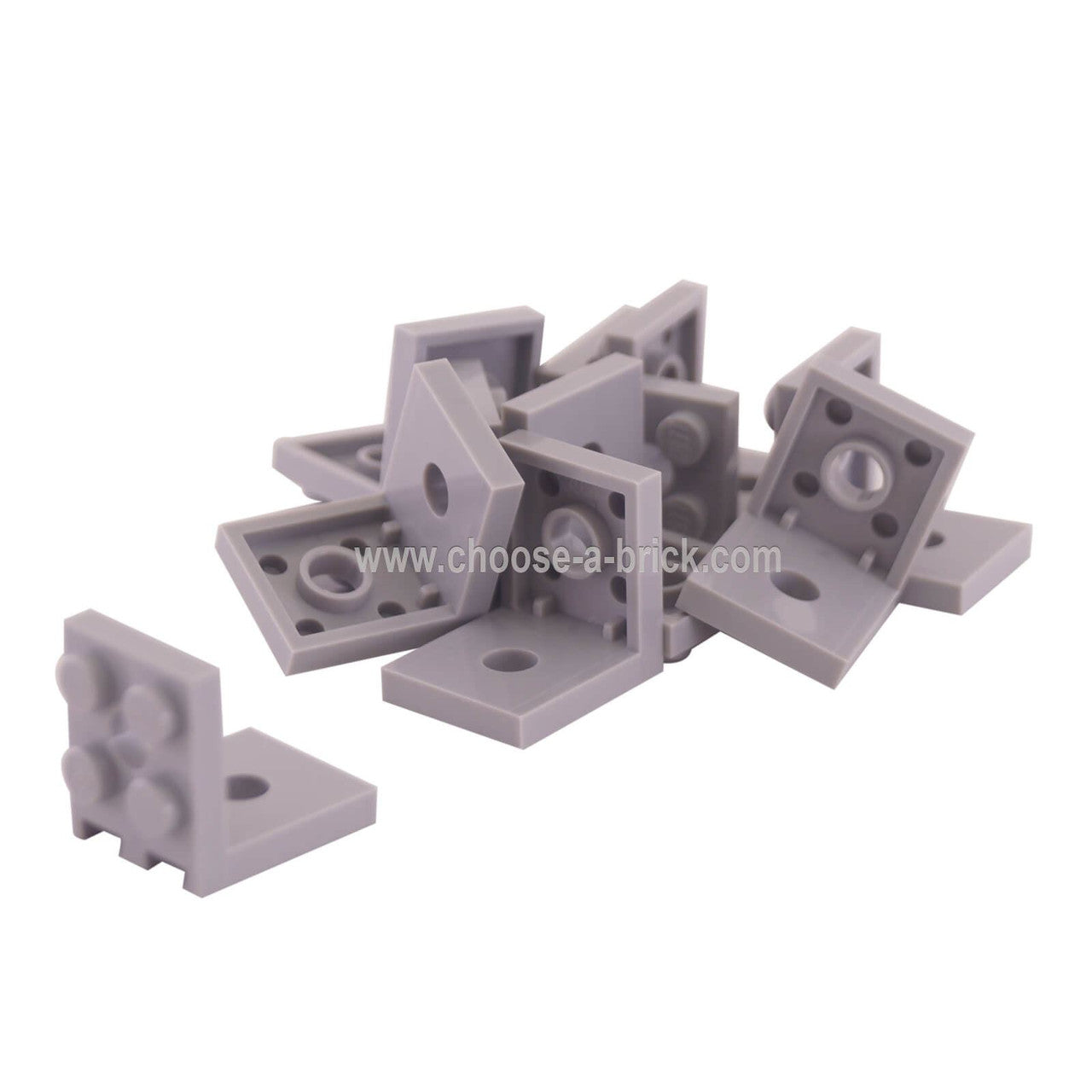 LEGO Bracket 3956, 2x2 - 2x2 with 2 holes, light gray, pile and single view