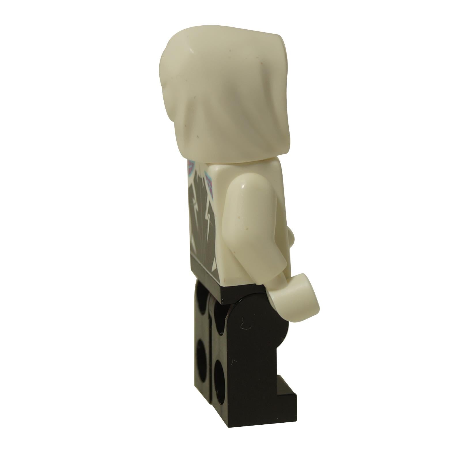Side view of LEGO Spider-Gwen minifigure showing white hood covering dark hair and white arms.
