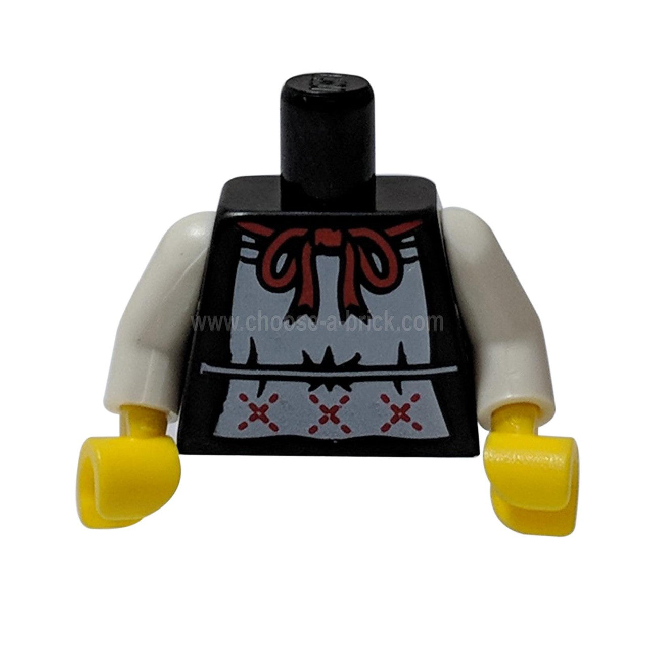 Torso LEGO negro, delantal blanco con lazo rojo, vista frontal