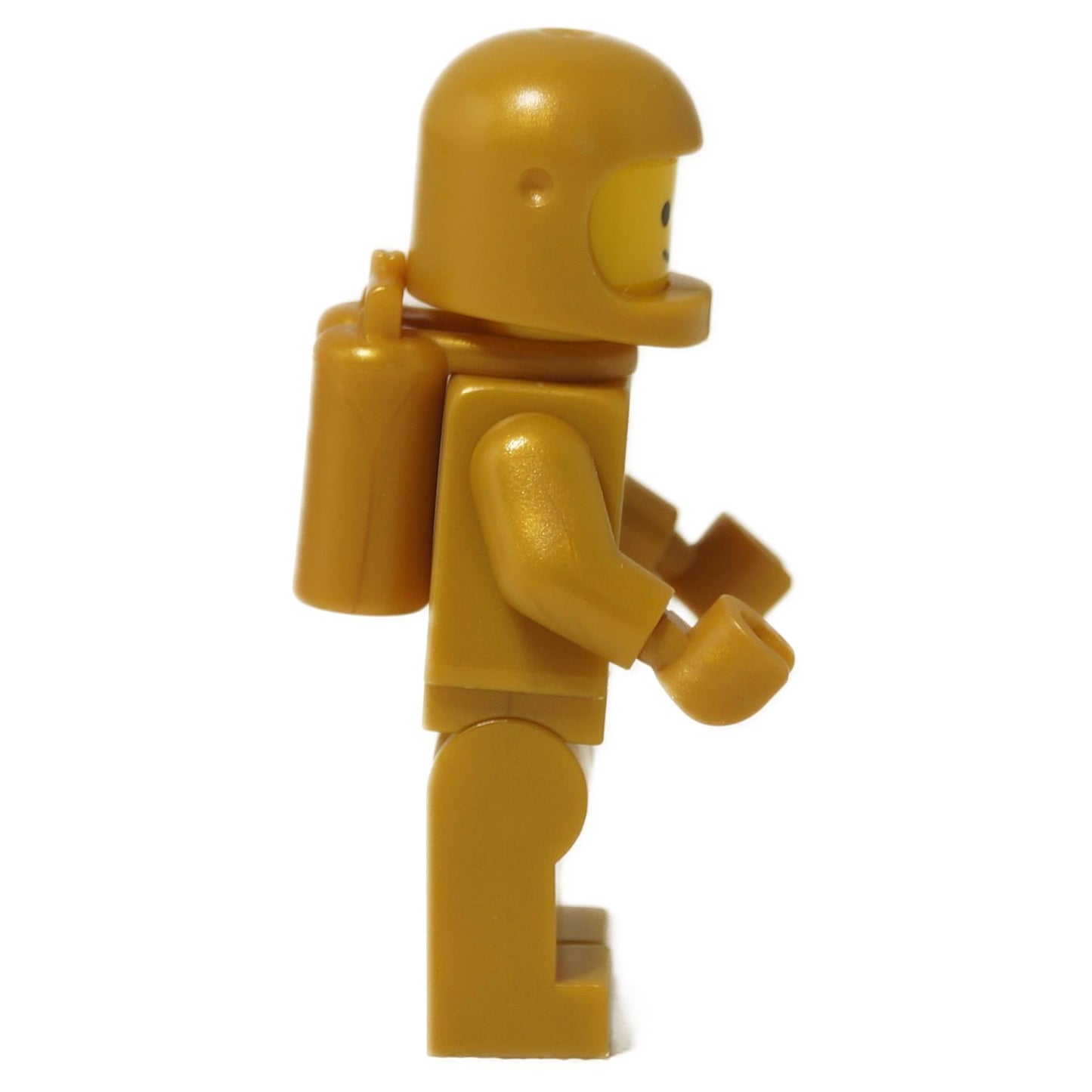 Side view of pearl gold LEGO spaceman showing helmet, gold suit, and gold oxygen tanks on back.