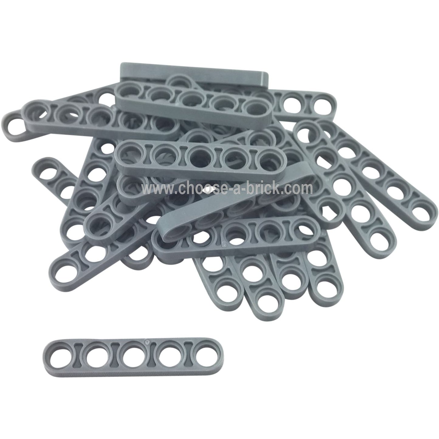 Group of light bluish-gray LEGO Technic Liftarm 1x5 Thin pieces (32017) scattered on white.