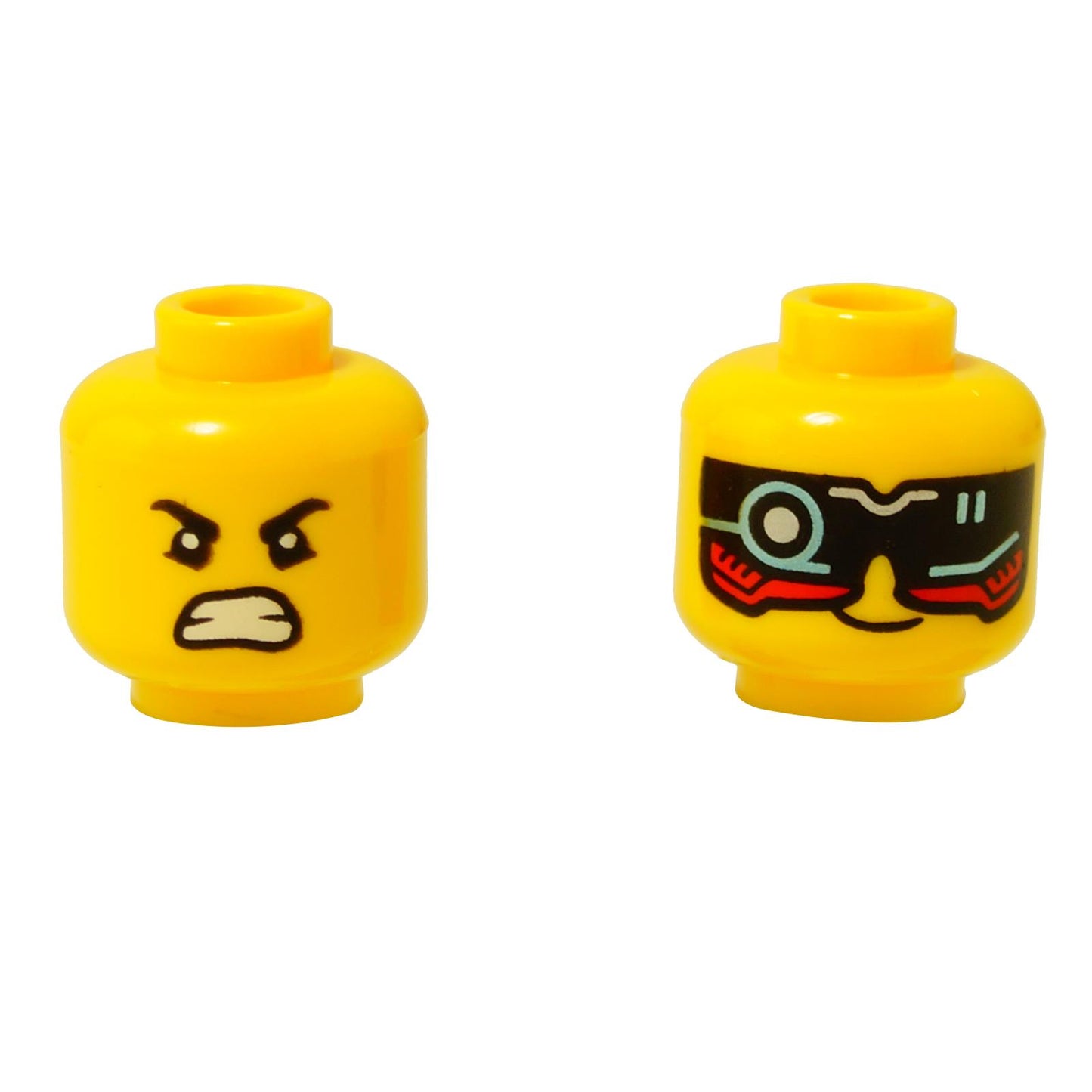 Front and alternate side views of the LEGO® minifigure head (3626pb3802) featuring dual expressions — one angry face and one smiling face with a futuristic tech visor design in red, blue, and black.