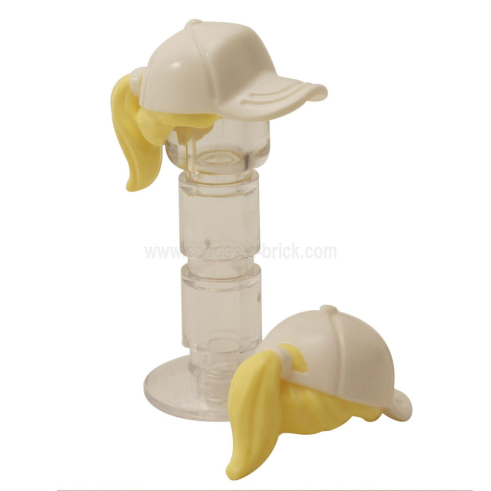  Giallo Chiaro Minifigura, Combinazione di Capelli, Capelli con Cappello, Coda di Cavallo con Bianco Cappellino a Motivo