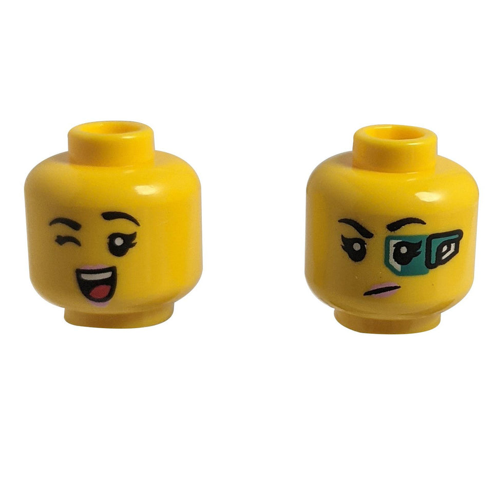 Minifigura, Cabeça de Dupla Face Feminina, Sobrancelhas Pretas, Lábios Rosados, Piscadela, Sorriso Aberto / Monóculo Verde, D 