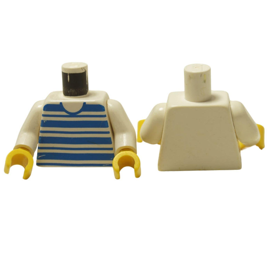 LEGO® Torso Clásico de Marinero (973px61c02) con rayas horizontales azules y blancas, mostrando la parte delantera impresa y la parte trasera lisa.
