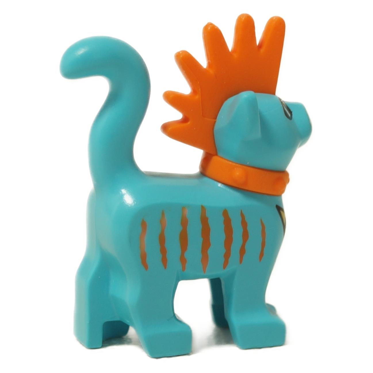 LEGO Monkie Kid Mo the Cat figure 39742pb03. Turquoise cat with an orange mohawk, collar, and sunglasses, with printed orange stripes and a gold pouch. Side profile view.