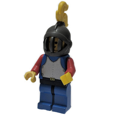 LEGO Knight minifigure, blue breastplate, dark gray helmet, yellow plume.